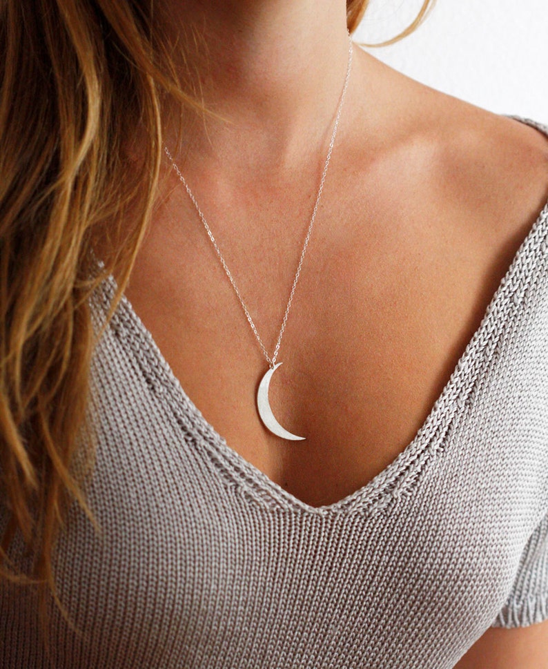 Moon necklace, Silver crescent necklace, Half moon necklace, Large charm boho necklace image 1