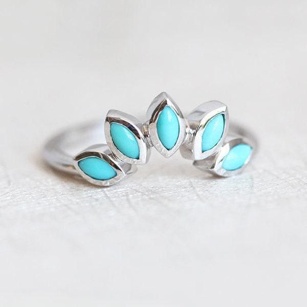 Turquoise Wedding Band Curved 14k Gold Ring, Marquise Leaf Ring, Floral Wedding Band