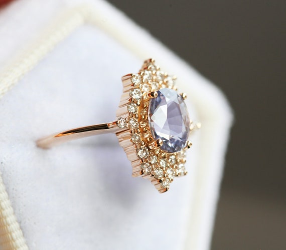 Flower Engagement Ring with Sapphire & Diamonds, 14K or 18K Solid Gold