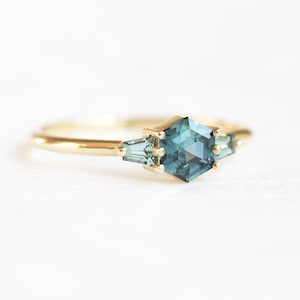 Hexagon sapphire ring, Ombre sapphire ring, hexagon sapphire with side baguettes, teal sapphire engagement ring