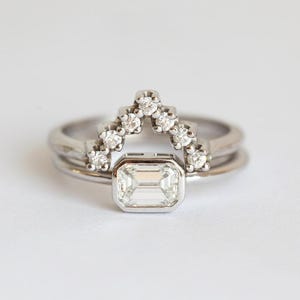 Emerald Diamond Ring, Emerald Cut Solitaire Diamond Ring with Diamond Wedding Band, Simple Diamond Ring Set image 5