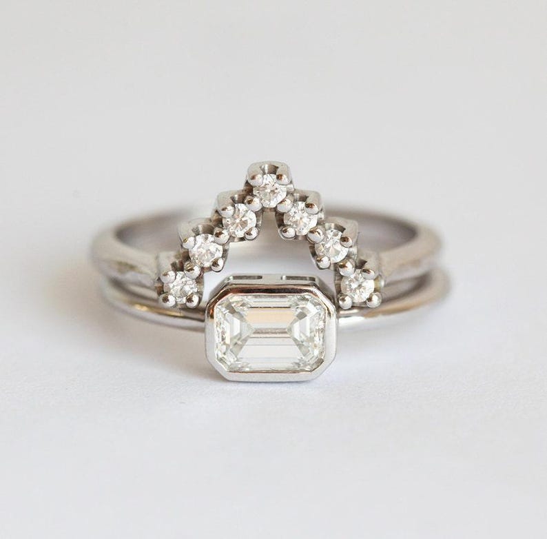 Emerald Diamond Ring, Emerald Cut Solitaire Diamond Ring with Diamond Wedding Band, Simple Diamond Ring Set image 5