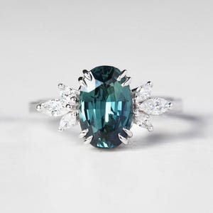 Oval Teal sapphire engagement ring, Greenish blue sapphire ring, Sapphire diamond ring, Floral sapphire ring