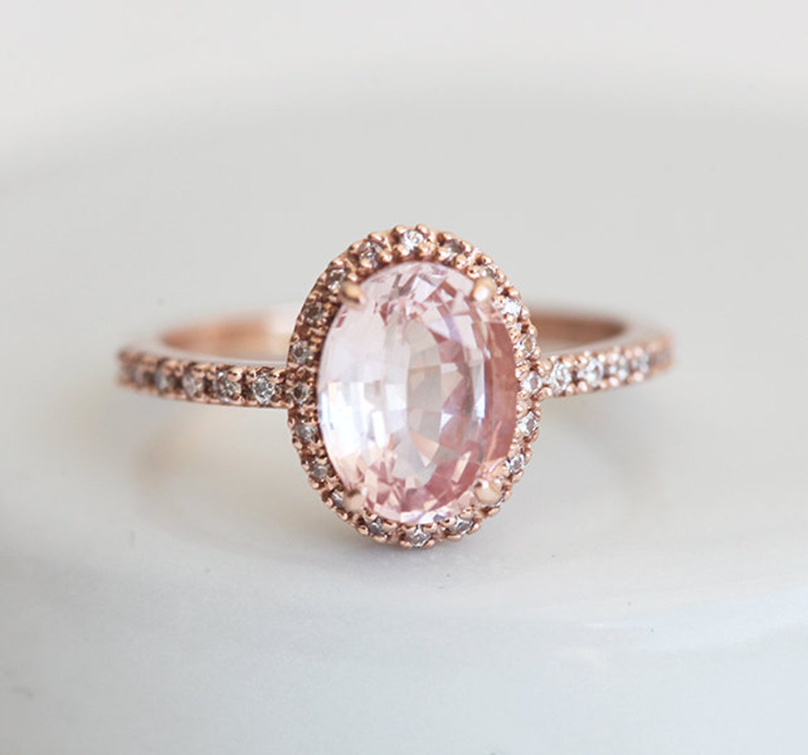 Oval Peach Sapphire Halo Diamond Ring Gold Oval Sapphire - Etsy