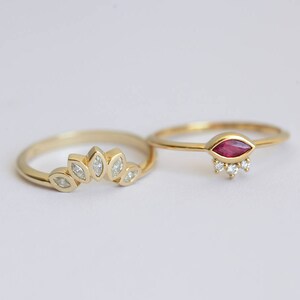 Delicate Ruby Wedding Ring Set, Bridal Set with Marquise Diamond Crown Ring, July Birthstone Ring image 3