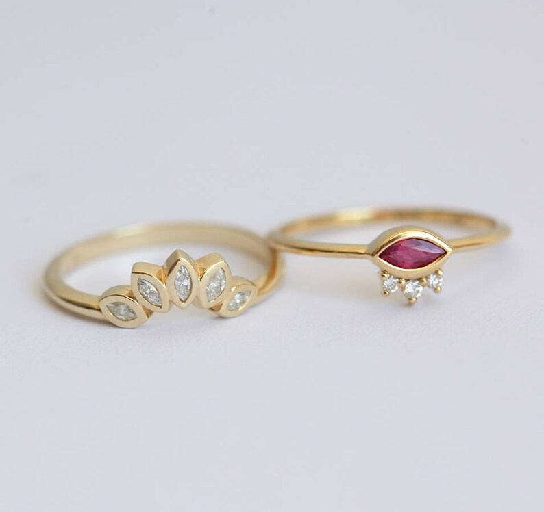 Delicate Ruby Wedding Ring Set, Bridal Set with Marquise Diamond Crown Ring, July Birthstone Ring image 3