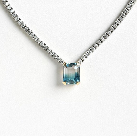 Diamond Tennis Necklace with bicolor sapphire 18k, choker with sapphire  center