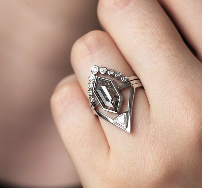 Unique Salt Pepper Diamond Ring Set Hexagon Diamond Etsy