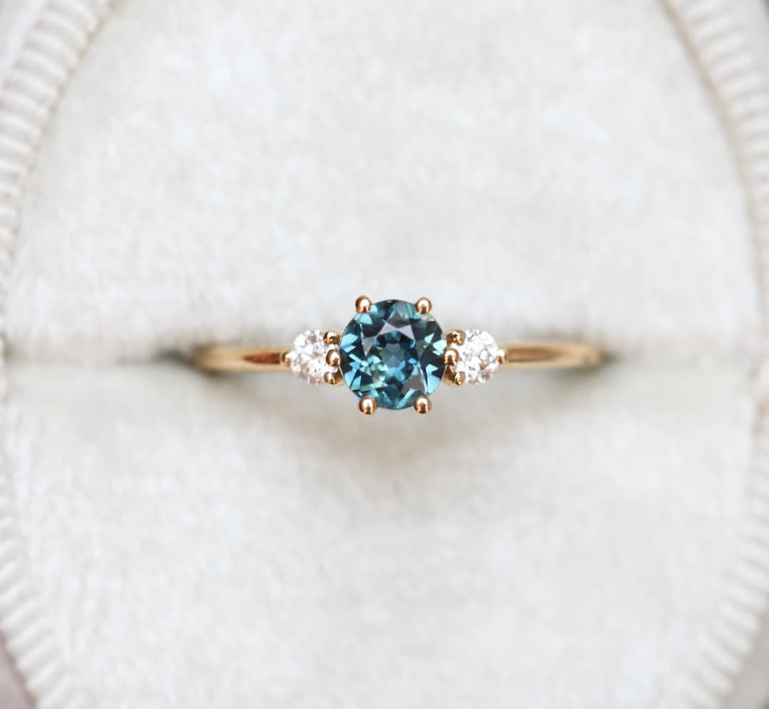 Blue Sapphire Three Stone Engagement Ring, Sapphire Diamond Engagement ...