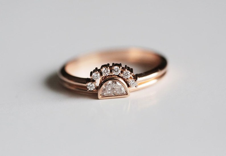 Half Moon Diamond Ring, Rose Gold Diamond Set, Rose Gold Wedding Set, Rose Gold Diamond Ring, Engagement Ring, 14k Rose Gold image 7