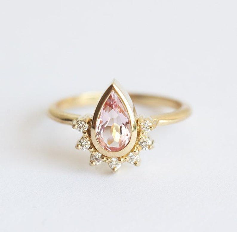 Pear peach sapphire ring, Tiara sapphire engagement ring image 3