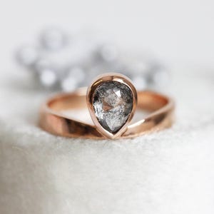 Salt and Pepper Diamond Ring, Rose Cut Pear Diamond Ring, Unique Diamond Engagement, Black, Gray Pear Diamond, 14k 18k rose yellow