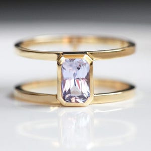 Lavender Sapphire Ring, Purple Violet Sapphire Engagement Ring, Double Band Engagement Ring with Emerald Cut Sapphire