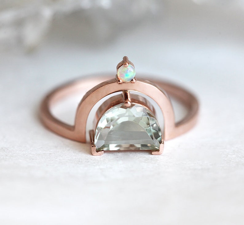 Green amethyst engagement ring, Half moon ring, Unique opal ring, Crescent cut boho ring image 2