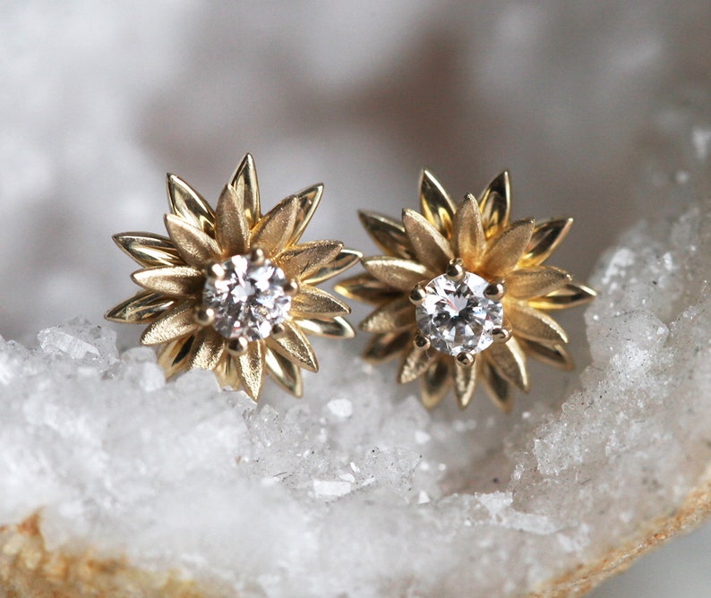 Diamond Flower Studs Sunflower Earrings 14k Solid Gold Etsy