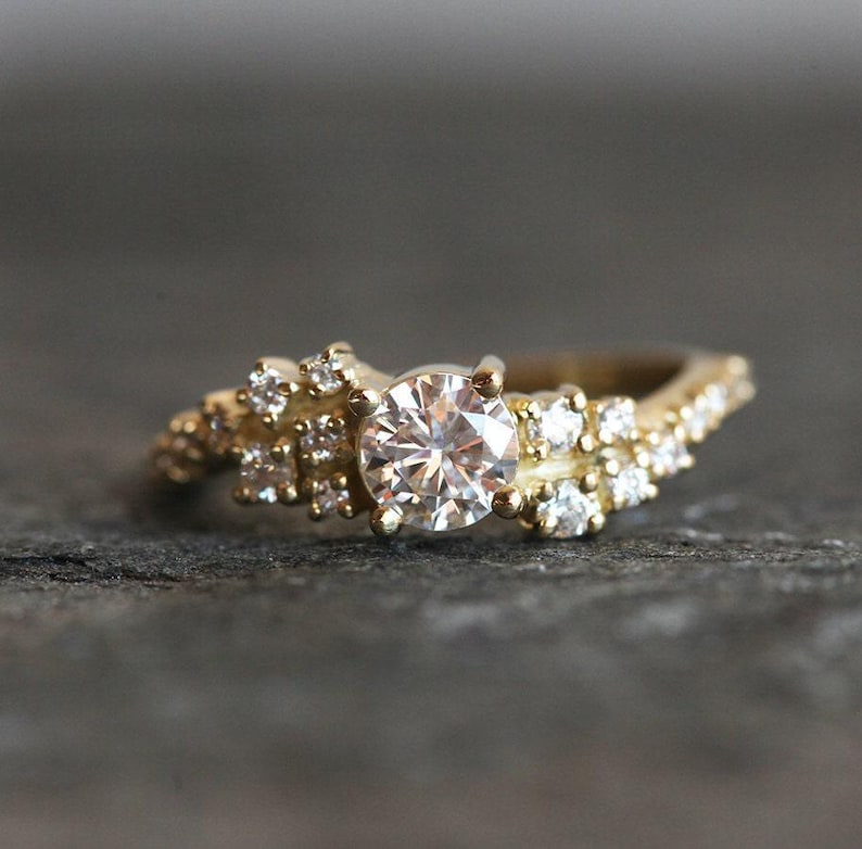 Diamond cluster ring, Moissanite engagement ring, Wave wedding ring, Unique gia bubbles ring image 8