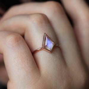 Moonstone engagement ring, Kite shaped ring, Geometric ring, Rainbow blue solitaire, Rose gold ring