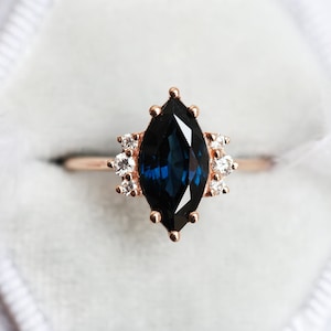 Blue sapphire diamond ring, Marquise engagement ring, Dark sapphire wedding ring, Rose gold ring image 3