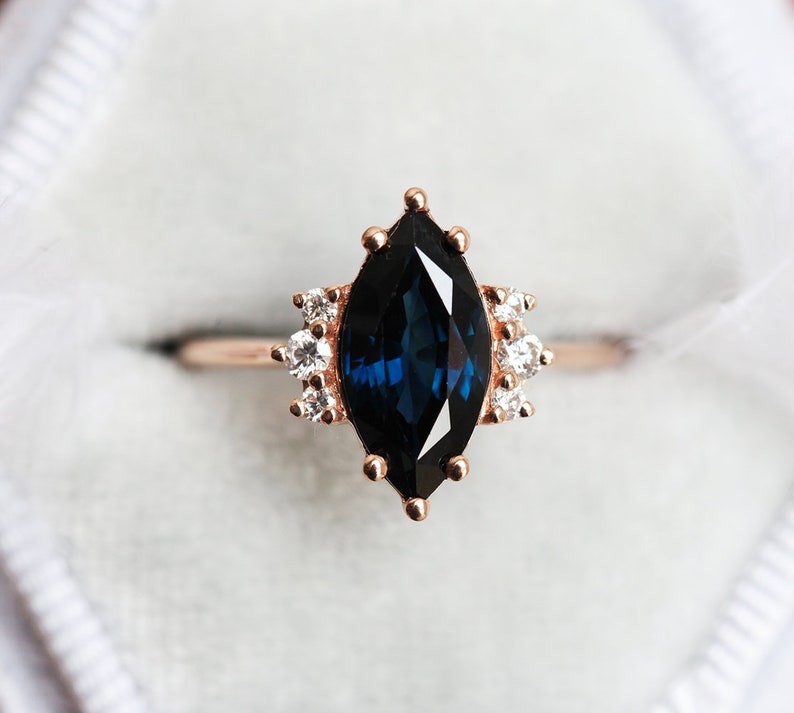 Blue Sapphire Diamond Ring Marquise Engagement Ring Dark - Etsy
