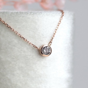 Salt Pepper Diamond Necklace, Solitaire Diamond Necklace, Simple Bezel Set Diamond Necklace 14k 18k  Rose, White, Yellow Gold