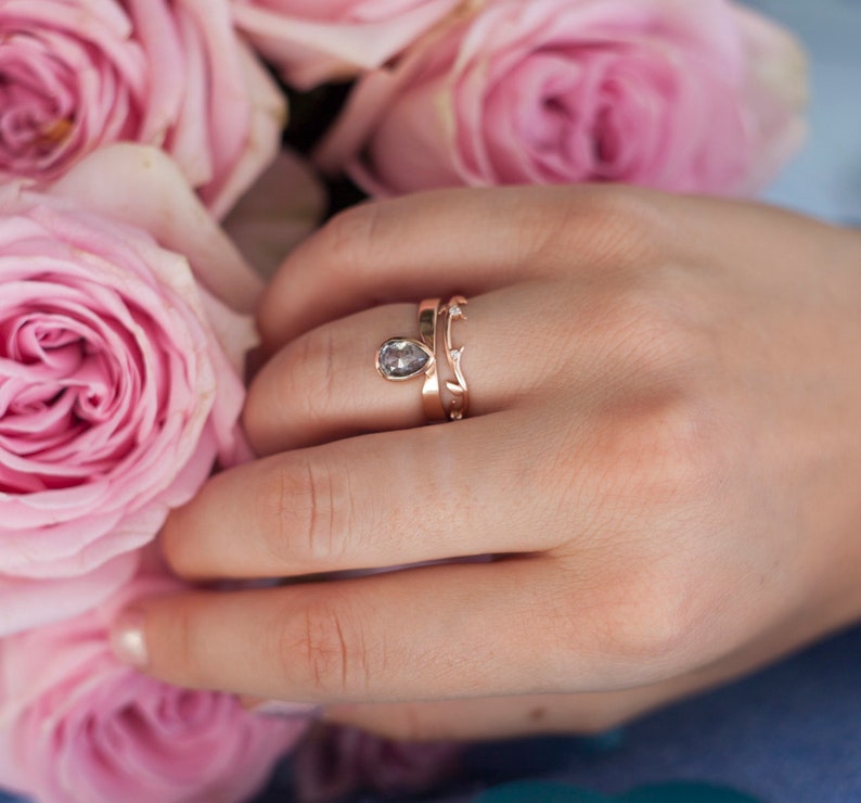 Salt and Pepper Diamond Ring, Rose Cut Pear Diamond Ring, Unique Diamond Engagement, Black, Gray Pear Diamond, 14k 18k rose yellow image 2
