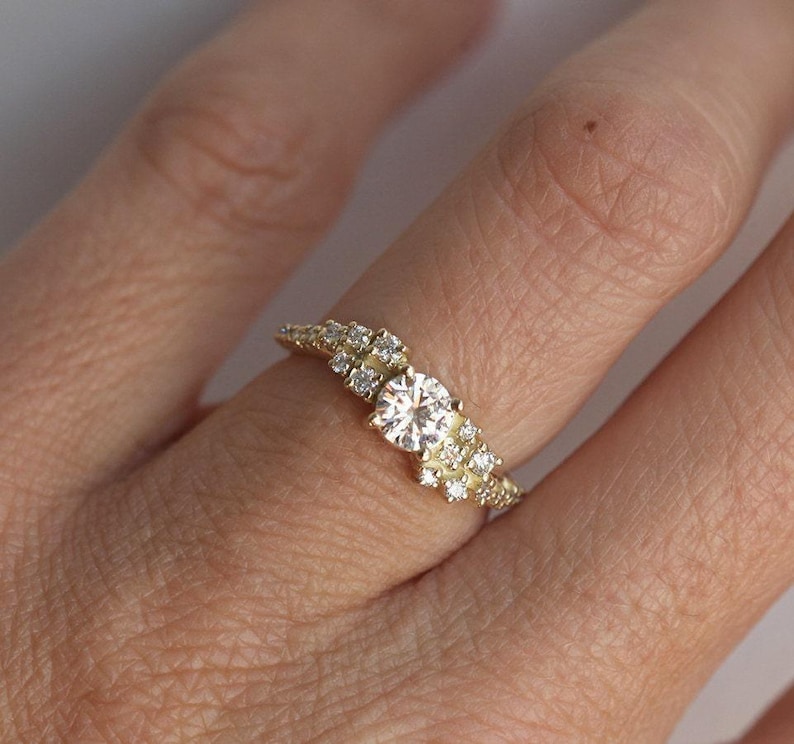 Diamond cluster ring, Moissanite engagement ring, Wave wedding ring, Unique gia bubbles ring image 2