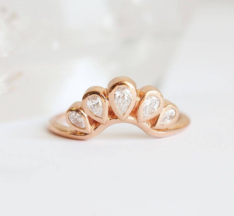 Solitaire Round Diamond ring with Curved Diamond Crown, Pear Diamond Band, Unique Diamond Engagement Set, Wedding Rign Set image 7