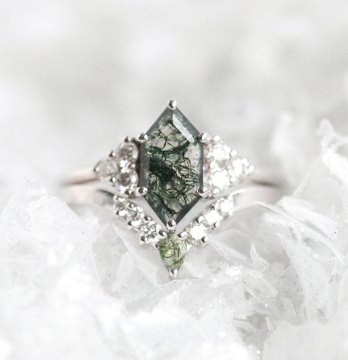 Hexagon Moss Agate Ring Set, Moss Engagement Ring With Accent