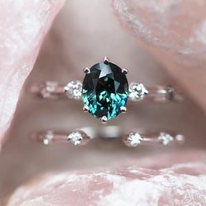 Teal sapphire engagement ring set, Blue green sapphire set, Open diamond band, Natural gemstone ring