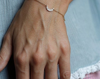 Diamond moon bracelet, Moon & star bracelet, Gold crescent bracelet, Pave diamond charm bracelet