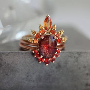 Flame Sunstone Ring Set with Oval Oregon Sunstone and Red, Fire ring Set, Orange, Yellow Sapphires, Unique Autumn Engagement Set image 8