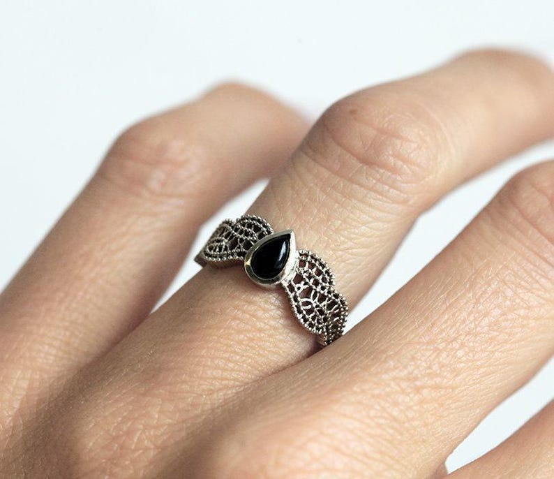 Black Spinel Ring, Gold Filigree Ring, Rose Gold Lace Ring, White Gold Engagement Ring, Non Diamond Ring, Vintage Ring, 14k Rose Gold image 2