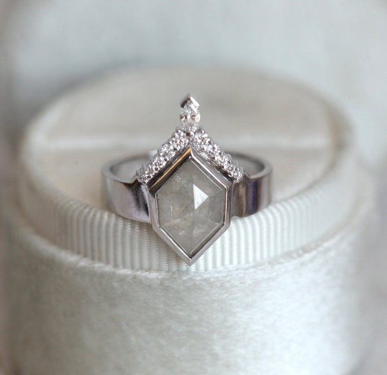 Hexagon Diamond Ring, Unique Diamond Engagement Ring with Geometric Grey Diamond, Solid Gold Diamond Ring with Wide Band image 3