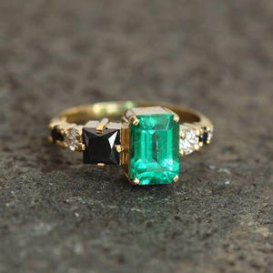 Large emerald diamond Ring, Emerald Cut Emerald Diamond Ring in Yellow Gold, 18k Yellow gold Diamond Ring, Emerald Engagement image 5