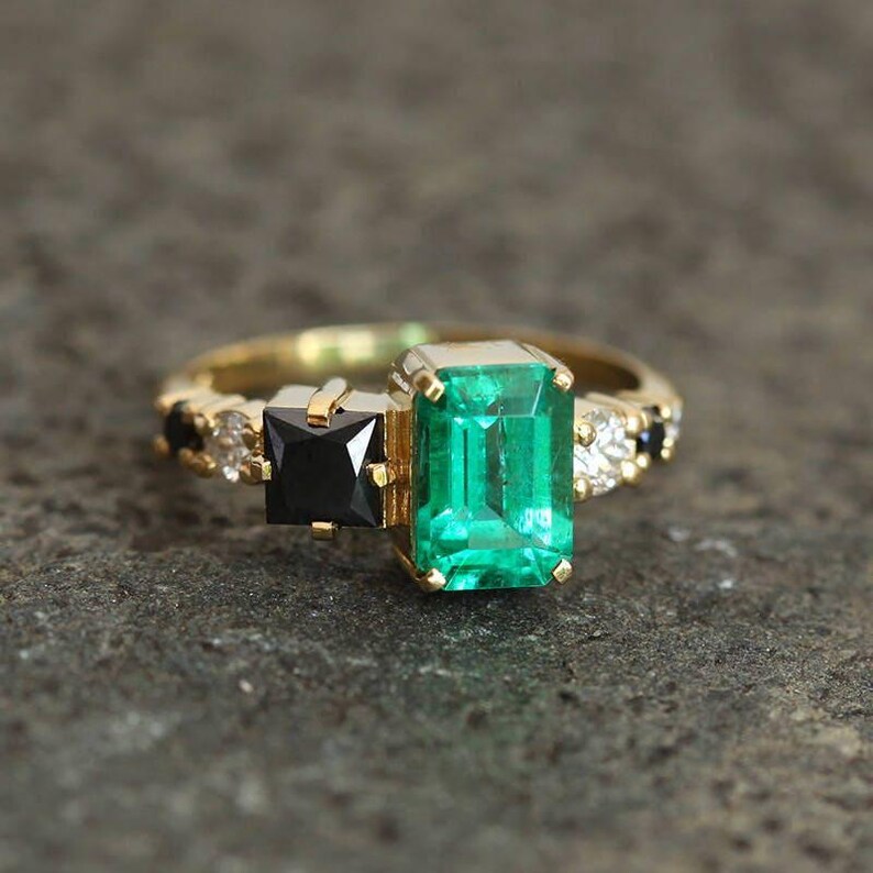 Large emerald diamond Ring, Emerald Cut Emerald Diamond Ring in Yellow Gold, 18k Yellow gold Diamond Ring, Emerald Engagement image 5