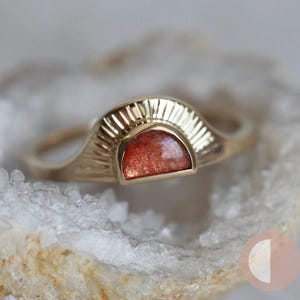 Sunset ring, Sunstone engagement ring, Gold sunrise ring, Bohemian sun ring, Half moon ring
