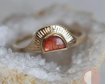 Sunset ring, Sunstone engagement ring, Gold sunrise ring, Bohemian sun ring, Half moon ring