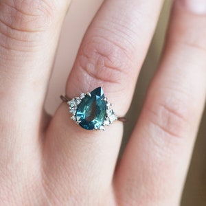 Sapphire cluster ring, Diamond cluster ring, Teal sapphire diamond engagement ring, Pear engagement ring, Blue green sapphire ring image 4