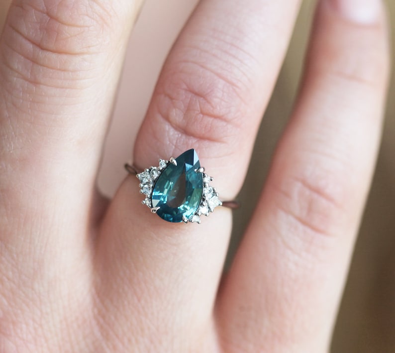 Sapphire cluster ring, Diamond cluster ring, Teal sapphire diamond engagement ring, Pear engagement ring, Blue green sapphire ring image 4