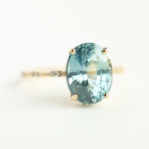 6ct Mint sapphire engagement ring, Light Blue green oval sapphire diamond with diamond band
