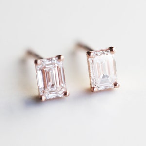 Emerald cut diamond earrings, Diamond Stud Earrings, Emerald Diamond Earrings, Rose Gold Diamond Studs, Everyday diamond earrings image 3