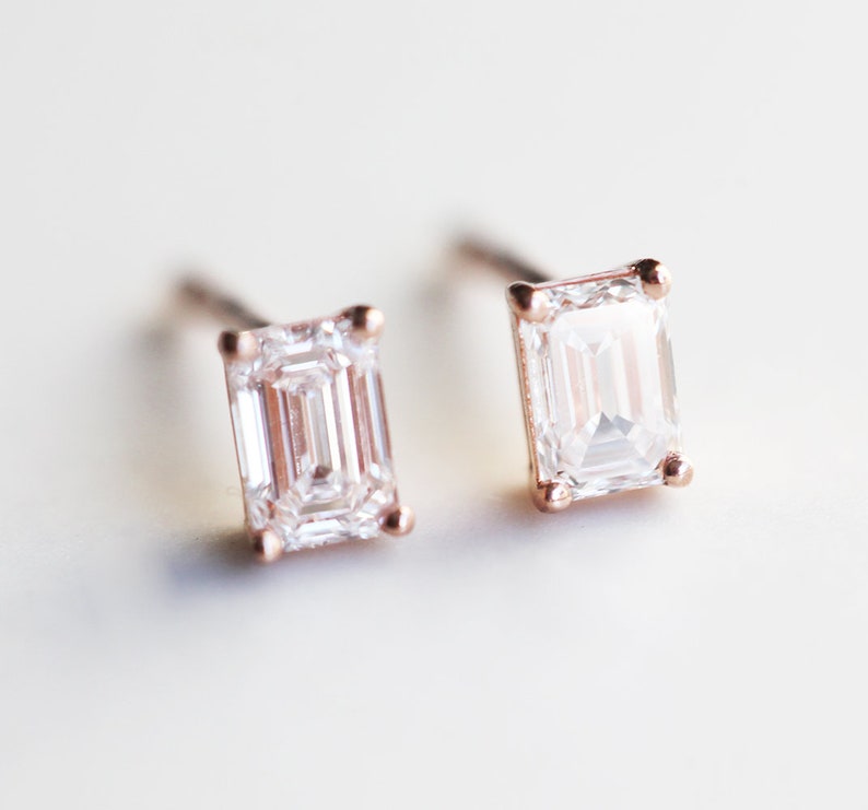 Emerald cut diamond earrings, Diamond Stud Earrings, Emerald Diamond Earrings, Rose Gold Diamond Studs, Everyday diamond earrings image 3