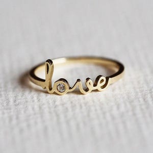 Gold love ring, Diamond name ring, Rose gold ring, Custom lettering ring, Personalized word ring