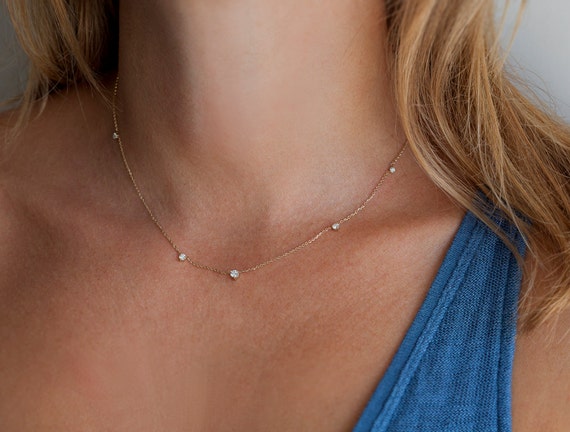 Gold Diamond Necklace Station Solitaire Diamonds Necklace Simple