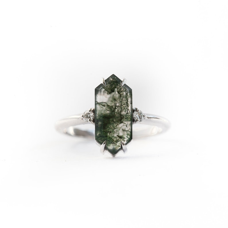 Hexagon moss agate diamond ring, Three stone moss agate ring with elongated hexagon image 5