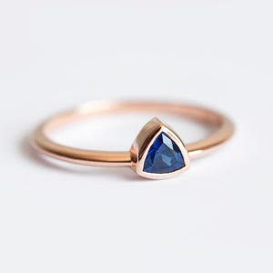 Blue Sapphire Ring in 14k or 18k Solid Gold with Bezel Set Trillion Stone, Engagement Solitaire For Her
