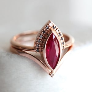Natural Ruby Ring Set, Ruby Engagement Ring with Black Diamonds, One Carat Engagement Ring