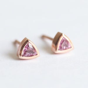 Trillion earrings Rose Gold, Pink Sapphire Earring Studs, Simple Everyday Earrings with sapphires