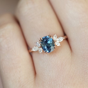 Sapphire engagement ring, Blue sapphire ring, Side diamond ring, Cushion cut ring, Flower ring image 5