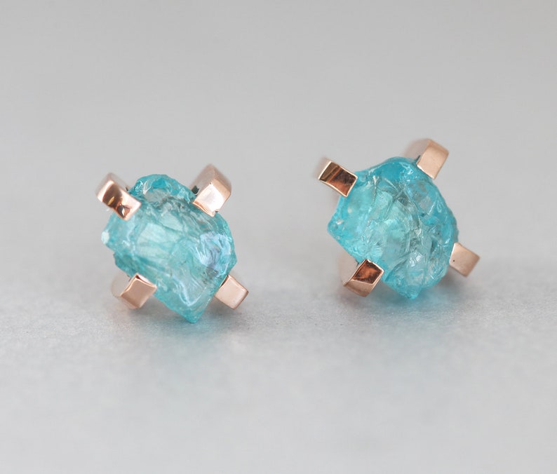 Raw Mint Apatite Studs, Simple Green Earrings, 14k Solid Gold image 6